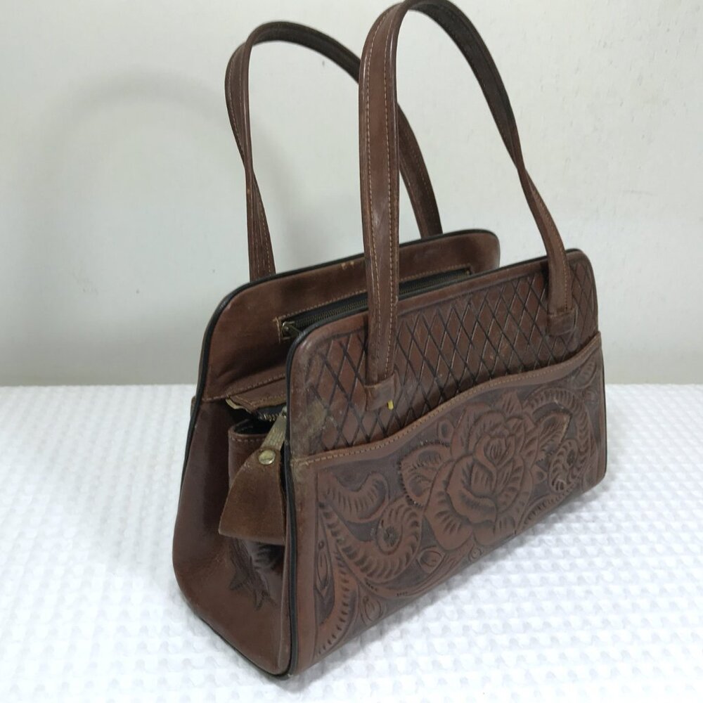 Vintage Tooled Leather Handbag Brown Floral - Picture 4 of 14
